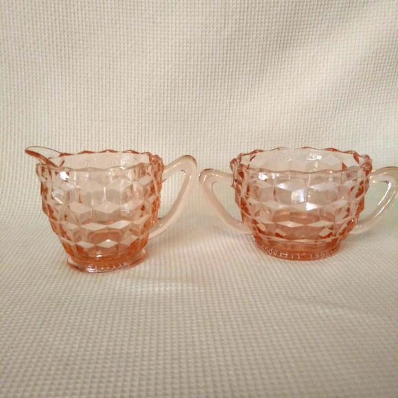 Vintage Depression Era Jeannette Creamer n Sugar Bowl in "Cube Pink" - Picture 1 of 14